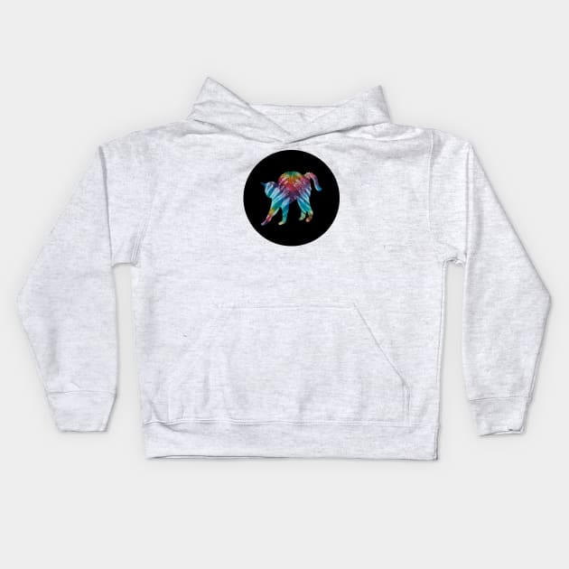 Stretching Tie-Dye Cat on Black Circle Kids Hoodie by SpotterArt